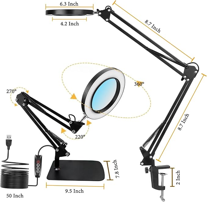 15X Magnifying Glass Lamp with Clamp and Stand, 72 LEDs Desk Lamp with 3 Color Temperatures and 10 Levels Adjustable Brightness for Diamond Art Accessories Hobbies Crafts Reading Close Work Magnifier-DeskLoop Office