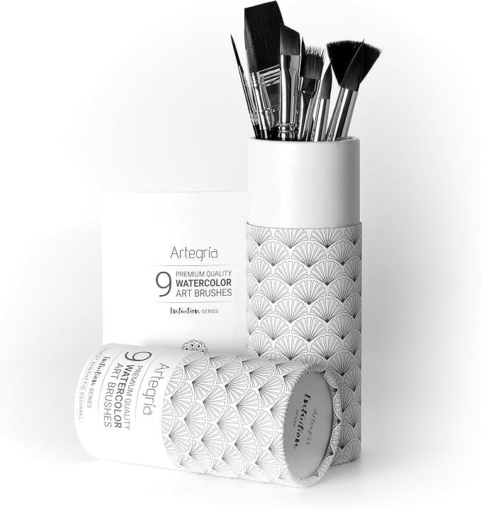 ARTEGRIA Watercolor Brush Set, 9 Professional Soft Synthetic Squirrel Paint Brushes, Including Round Detailers, Flat Wash, Rigger, Rake, Fan, Angled Shader-DeskLoop Office
