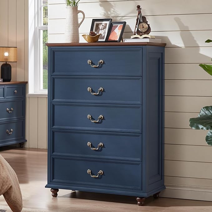 Farmhouse 5 Drawer Dresser for Bedroom, 45" Tall Rustic Chests of Drawers w/ 4 Solid Wood Feet, Mid Century Modern Wooden Closet Storage Dressers Organizer for Living Room, Hallway, Navy Blue-DeskLoop Office