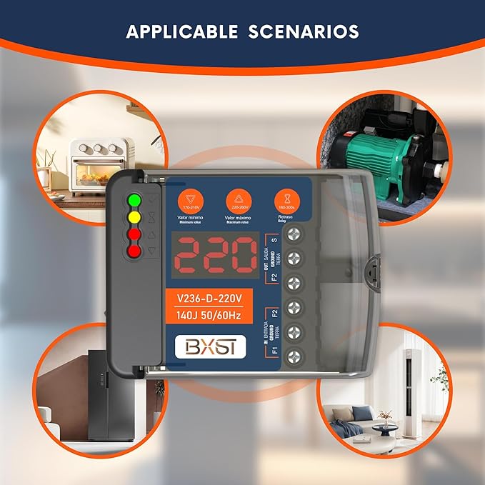 BXST Heavy Duty Wiring Surge Protector with LED Display Adjustable Voltage & Delay Protection, 220V, 30A, 6600W Max, 140J Surge Protection for Refrigerators, Air Conditioning, Motors, Pumps-DeskLoop Office