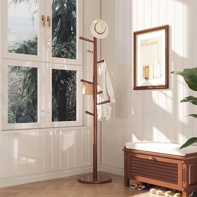 Uniclinens Coat Rack Freestanding Solid Wood Coat Tree Standing with 8 Hooks, Coat Rack Stand Creative Tree Branch-Look (Walnut)-DeskLoop Office
