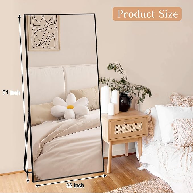 Large Size Full Length Mirror with Stand, 71"x32" Free-Standing Leaning Wall-Mounted Mirrors, Elegant Body Mirror for Living Room, Bedroom & Cloakroom, Black-DeskLoop Office
