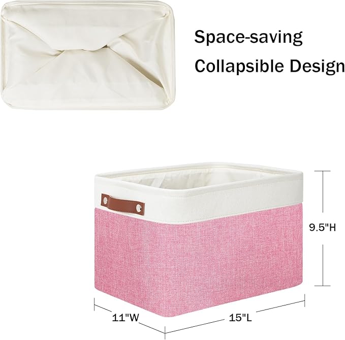 DULLEMELO Storage Baskets for Organizing, Shelves,Bedroom, Decorative Storage Bins with Faux Leather Handles, Fabric Storage Basket for Office, Toys(3-Pack, White&Pink)-DeskLoop Office