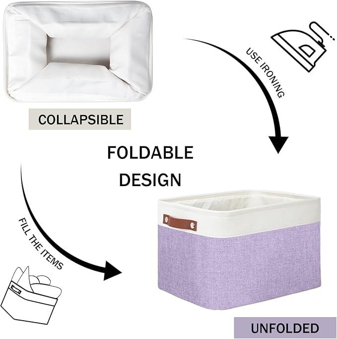 DULLEMELO Storage Baskets for Organizing, Shelves,Bedroom, Decorative Storage Bins with Leather Handles, Fabric Storage Basket for Office, Toys(3-Pack, White&Purple)-DeskLoop Office
