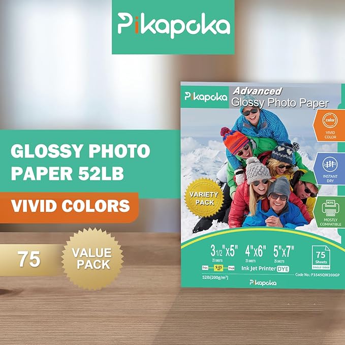 Glossy Photo Paper 3.5x5, 4x6, 5x7, Photo Printer Paper for Inkjet, 75 Variety Pack, Assorted Sizes, 52lb/200gsm-DeskLoop Office