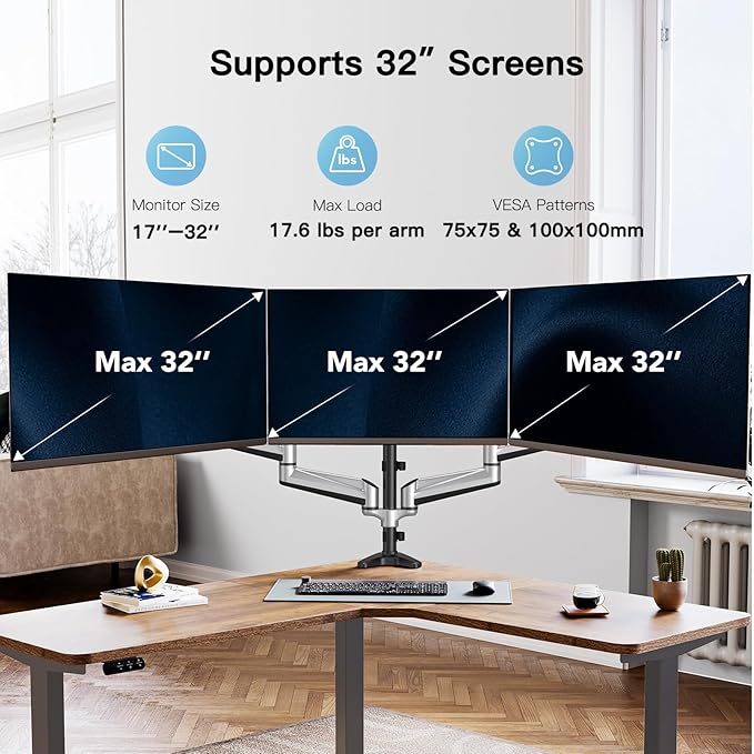 HUANUO Triple Monitor Stand - Full Motion Articulating Gas Spring Monitor Mount Fit Three 17 to 32 inch Flat/Curved LCD Computer Screens with Clamp, Grommet Kit, Silver-DeskLoop Office