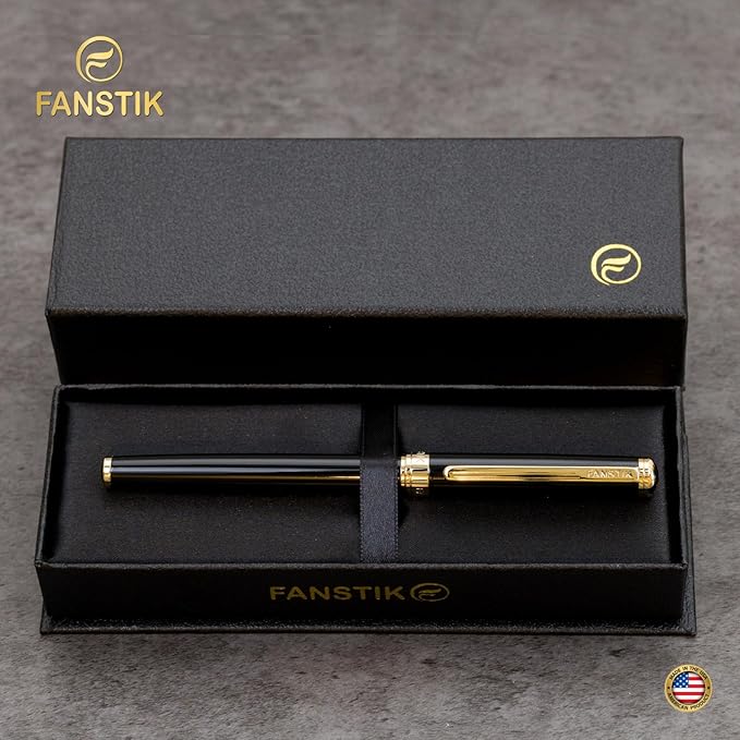 Customized Black & Gold Luxury fountain pen (Made In USA) fancy gift set for women, Real 24K Gold Plating, Professional executive pen gift set for men (Lux Custom-fountain Black-Gold)-DeskLoop Office
