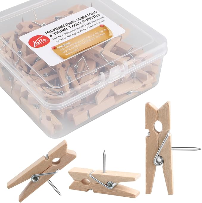 Wooden Push Pin Clips 50 Pcs, Pin Clips Creative Paper Clips by Yalis