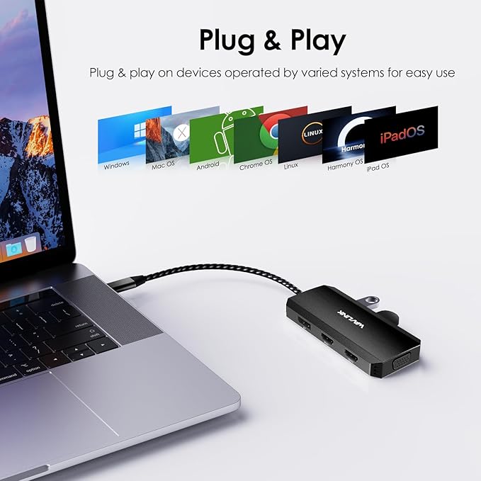 WAVLINK USB-C Docking Station for MacBook, Dell XPS, Lenovo Yoga, HP Laptops - Dual HDMI, DisplayPort, VGA, 3 USB 2.0 Ports, Black-DeskLoop Office