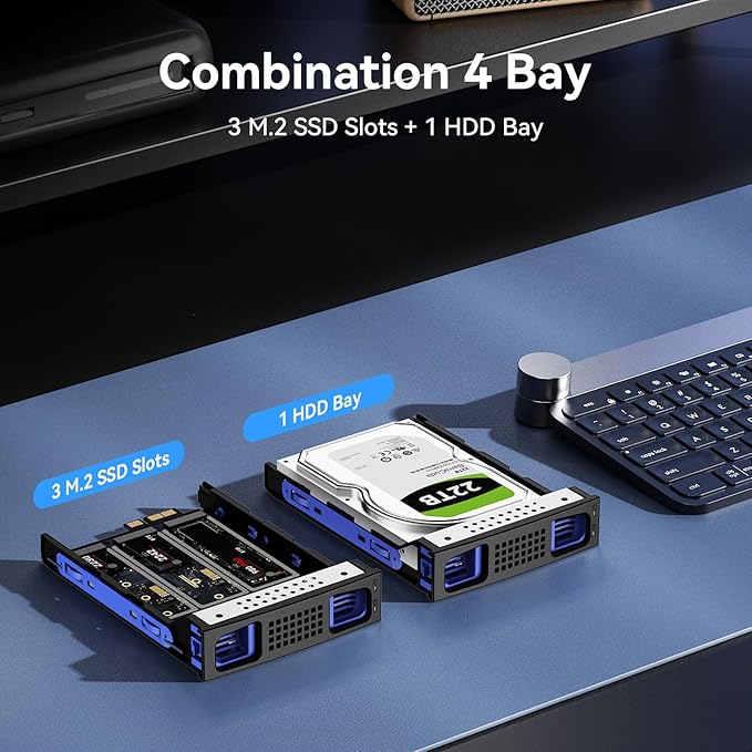 Hybrid 2.5/3.5" SATA HDD/SSD+3* M / B+M Key M.2 NVMe Enclosure with Cooling Fan and USB A/C 3.2 Gen 2 (10Gbps), Hard Drive Enclosure Support 46TB(22TB HDD+3*8TB 2230/2242/2260/2280/22110 SSDs)-DeskLoop Office