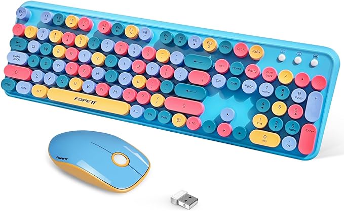 FOPETT 2.4GHz Wireless Keyboard and Mouse Set with Switch Button - Full-Size Keyboard - Compatible for Windows/Laptop/PC/Notebook/Smart TV and More - Blue Colorful-DeskLoop Office