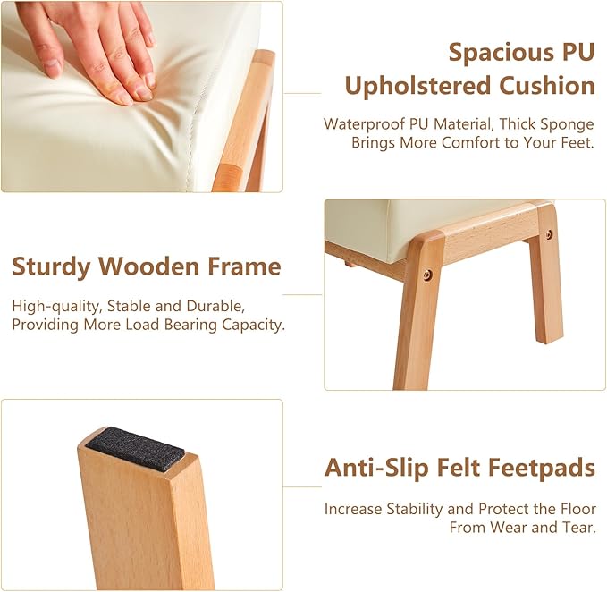 IBUYKE 10.2” H Small Foot Stool Ottoman, Rectangle PU Faux Leather Foot Rest with Padded Seat and Wood Legs, Modern Accent Ottoman Foot Rest for Living Room Bedroom Couch Office, White WBD013W-DeskLoop Office