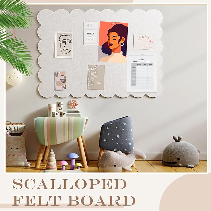 Mooliwe Scalloped Felt Bulletin Board 60 x 36 Inches Foldable Beige Pin Cork - Image 5