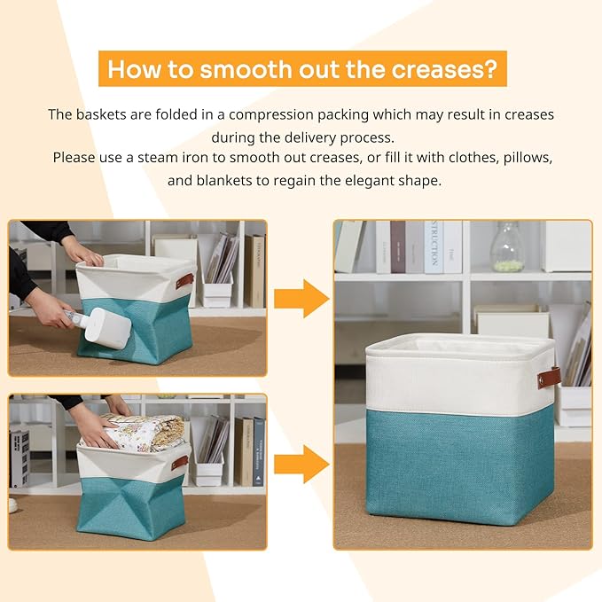 DULLEMELO Foldable Storage Cubes 11 x 11 Organizer Bins,Canvas Storage Bins Empty Gift Baskets for Organizing with SturdyLeather Handles, Closet Baskets for Nursery Storage(4 Pack - 11" White&Teal)-DeskLoop Office