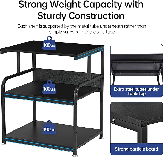 Printer Stand, 23.6 x18.9 x 30 Inches Large Printer Table with Adjustable Storage Shelf, 3 Tier Rolling Printer Cart with Wheels for Home Office, Stand for Heat Press Mini Fridge, Black-DeskLoop Office