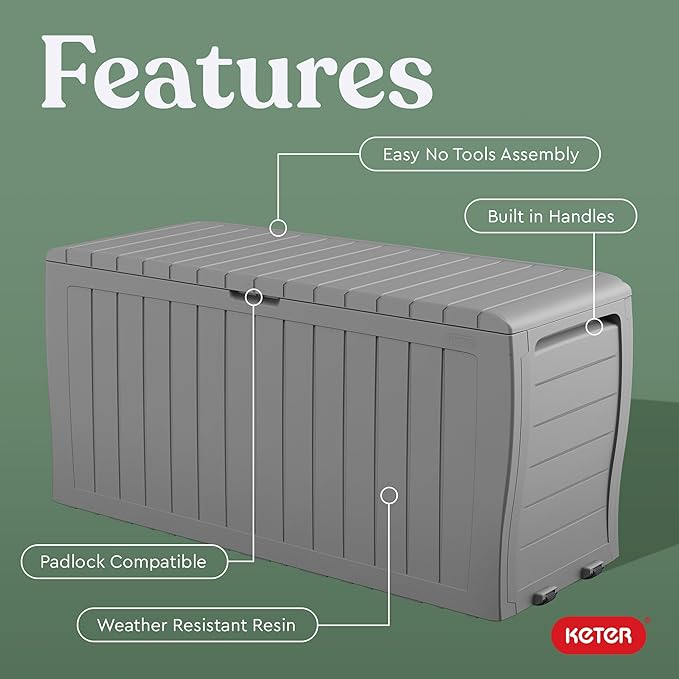 Keter Marvel Plus 71 Gallon Resin Deck Box-Organization and Storage for Patio Furniture Outdoor Cushions, Throw Pillows, Garden Tools and Pool Floats, Light Grey-DeskLoop Office