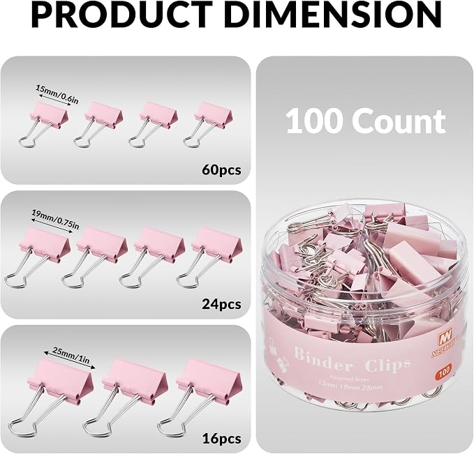 NEEWAY 100 Count Binder Clips Assorted Sizes, Paper Binder Clips, Metal Paper - Image 2