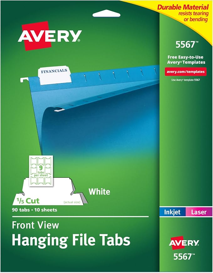 Avery Printable Hanging File Folder Tabs, 1/5 Cut, 90 Total by Avery