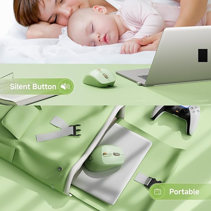 EWEADN Q5 Wireless Mouse, Bluetooth & 2.4G Quiet Computer Mouses with 1600 DPI, Battery Level Display, Ergonomic Office Mouse,6 Button Portable Cute Cordless Mice for Laptop/PC/Mac- Green-DeskLoop Office