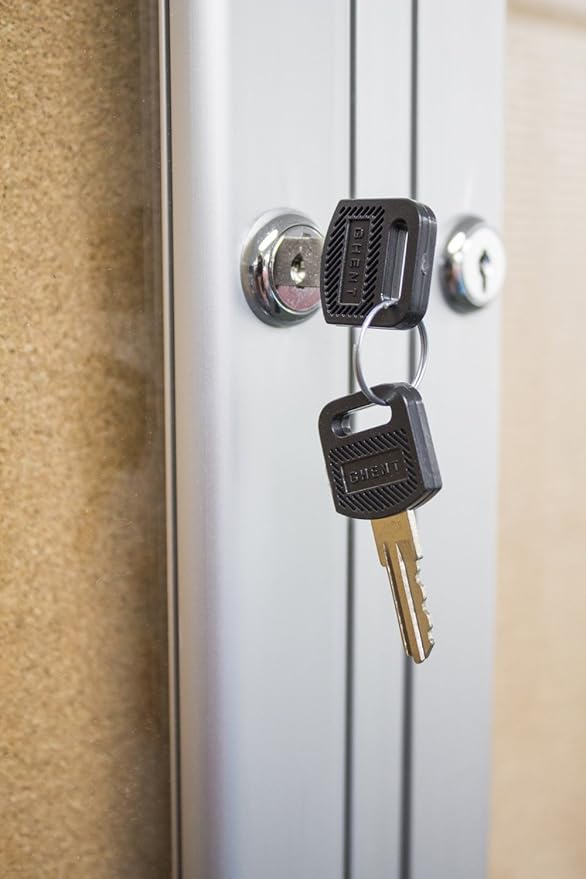 Ghent 36" x 72" 3-Door Indoor Enclosed Bulletin Board with Lock, Cork Material, Shatter Resistant Acrylic Panels, Made in the USA, Satin Aluminum Frame-DeskLoop Office