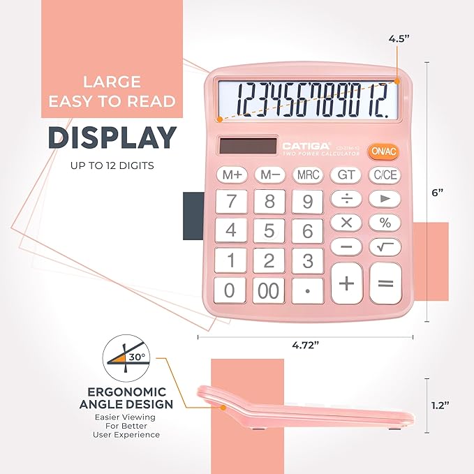 CATIGA 12 Digits Desktop Calculator with Large LCD Display and Sensitive Button, Dual Solar Power and Battery, Standard Function for Office, Home, School, CD-2786(Light Pink)-DeskLoop Office