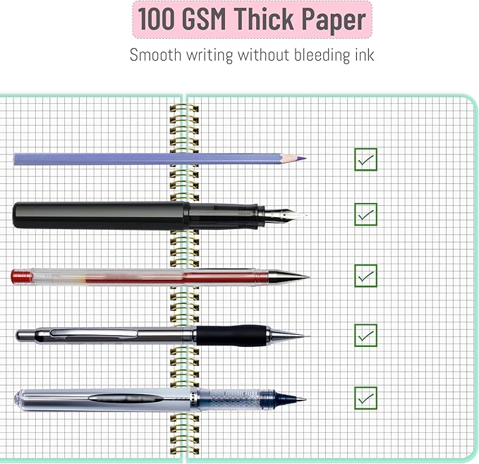 Spiral Graph Notebook 8.5" x 11", A4 Pink Grid Paper Notebook Hardcover College Ruled Notebook for Work, 120 Pages 100GSM Large Thick Spiral Writing Journal for Women & Men