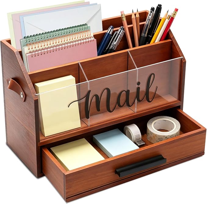 Wood Desk Organizer with Drawer, Bill Mail Organizer Countertop Workspace by HYMENEX