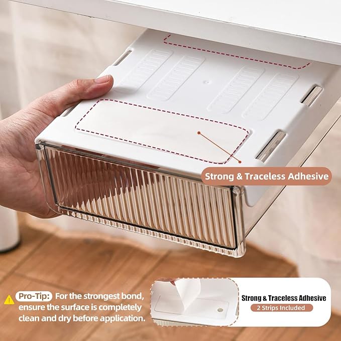2Pcs Under Desk Storage Drawers Slide Out, Large&Medium, Stick On Drawers - Image 2
