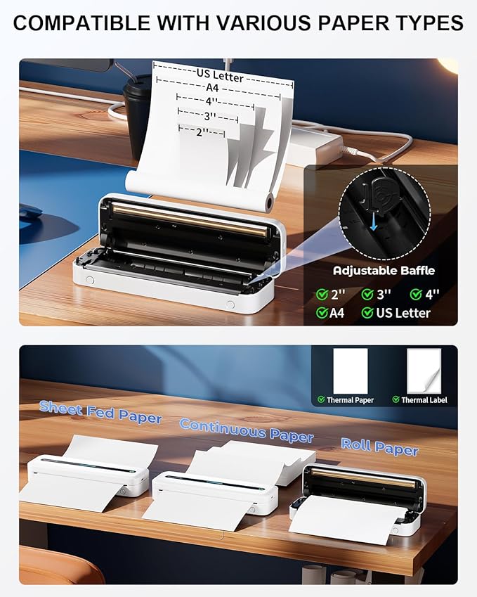 COLORWING M832 Portable Printers Wireless for Travel, 300DPI Mini Compact Inkless Printer, Thermal Bluetooth Printer Compatible with Android and iOS Smartphone & Tablet & Laptop - White-DeskLoop Office