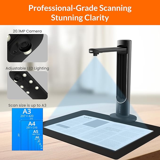 Innex DS200 Professional USB Book Scanner, 26MP, A3 Document scan, 120+ Language OCR, Auto-Flatten & Deskew, Finger Removal, Built-in Mic and LED lamp, Hand Button & Foot Pedal, for Windows/MacOS-DeskLoop Office