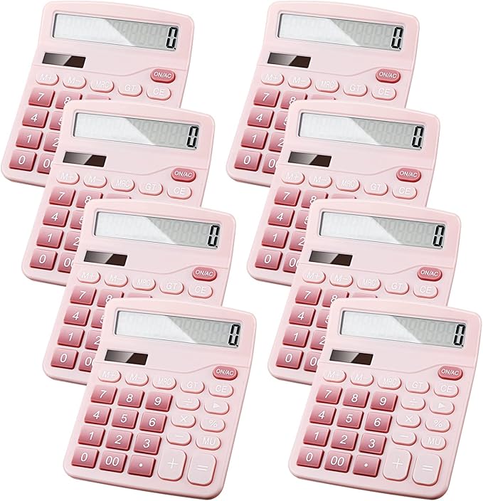 Konohan 8 Pieces 12-Digit Calculator, Solar Basic Desktop Calculator Large Display Electronic Dual Power Handheld for Home Office School(Pink)-DeskLoop Office