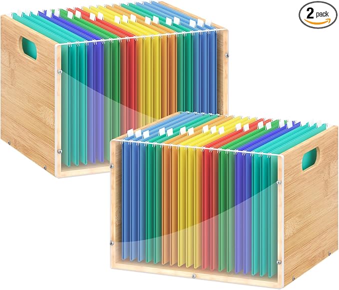 Sbanmao 2 Pack Hanging File Organizer, Bamboo Filing Box File Crate Storage by shengbaomaoyi