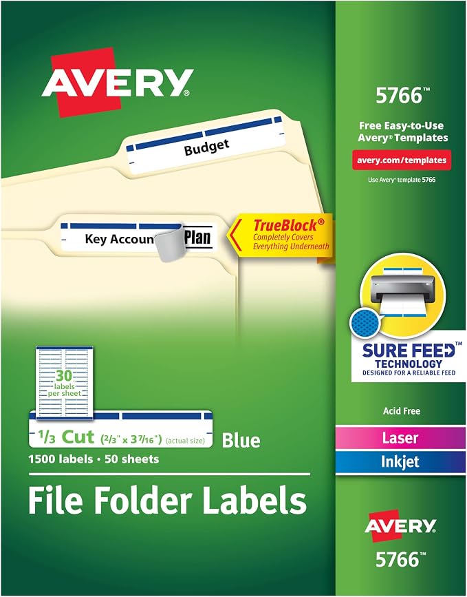 Avery TrueBlock File Folder Labels, 2/3" x 3-7/16", 5 Packs, 500 Printable by Avery