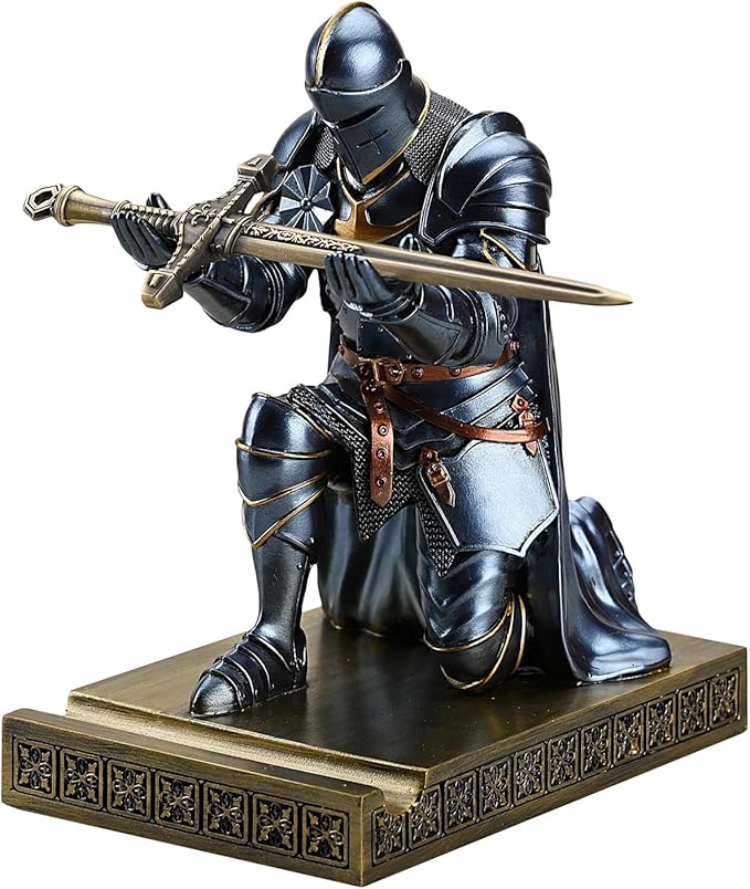 Medieval Armored Warrior Wearing Outerwear, Mobile Phone Stand Knight Pen Holder Desk Organizers, Resin Bookends Paperweight with a Letter Opener for Desk (Blue)-DeskLoop Office