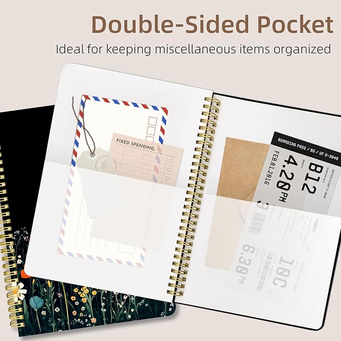 Cute Spiral Notebook journal B5 Aesthetic Pretty Design for Women Girls Kawaii with Pocket, 10 x 7.2 inch, Lined, Black Flower-DeskLoop Office