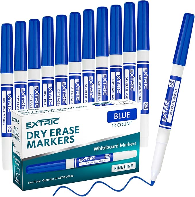 EXTRIC Blue Dry Erase Markers Fine Tip 12 PK Whiteboard Markers | Use: School by EXTRIC