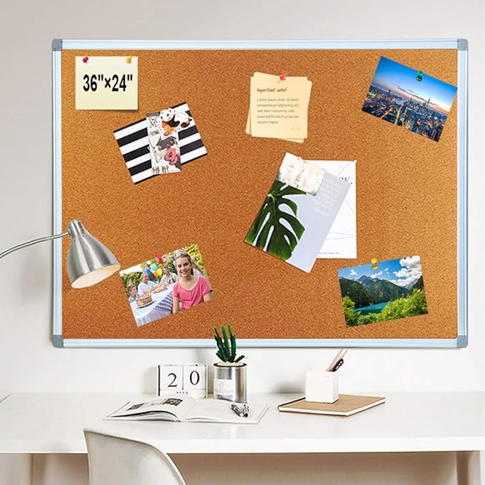 BIBOC 24 x 36 inches Cork Board, Bulletin Board,Felt Board, Pin Board, Notice Board, Memo Board for Homes or Offices, 24 X 36 Inches, Silver Aluminium Frame-DeskLoop Office