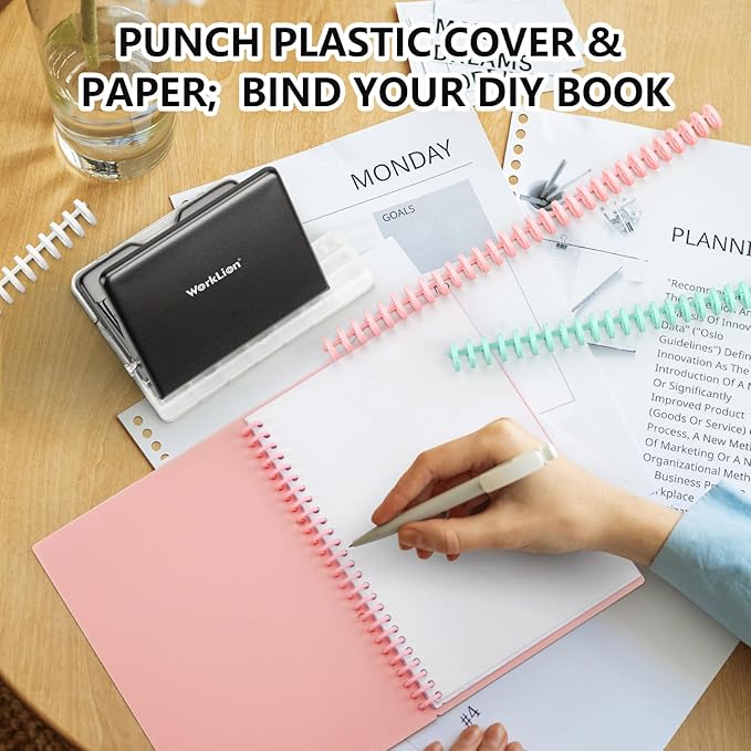 Binding Machine for Planner： WORKLION Metal 10 Hole Punch&Multi Color 30 Hole Loose Leaf Binder Rings(10 pcs) for Making 26 Holes on B5 Paper, 30 Holes on A4, 20 Holes on A5 Book, Black-DeskLoop Office
