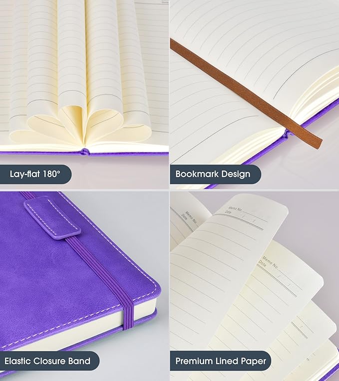 Lined Journal Notebook for Women Men,256 Pages A5 Hardcover Leather Journals for Writing,Travel,Business,Work & School,College Ruled Notebooks for Note Taking,Diary Notepad 5.7"×8.3" purple-DeskLoop Office