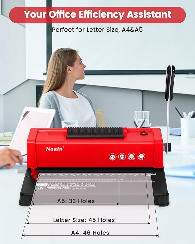 46-Hole Binding Machine Spiral Coil Binder Classic Red,DIY Book Binder Kits with Electric Coil Inserter,100pcs Comb Binding Spines,for Letter Size/A4/A5 School Office Home-DeskLoop Office