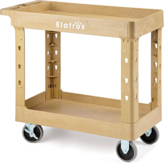 ELAFROS 2-Tier Heavy Duty Rolling Cart, 34 x 17 in, 2 Fixed 2 Swivel, Sand | by ELAFROS