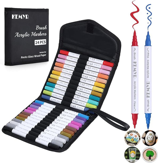 24 Colors Brush & Fine Tip Acrylic Paint Pens, Dual Tip Acrylic Paint Markers for Paper, Wood, Canvas, Stone, Rock, Glass, Fabric, DIY, Ceramic, Art Supplies for Kids and Adults Drawing-DeskLoop Office