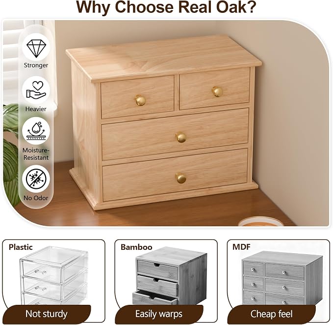Oak Desk Organizer with Drawers, Durable Wooden Desktop Storage Box with Metal - Image 3