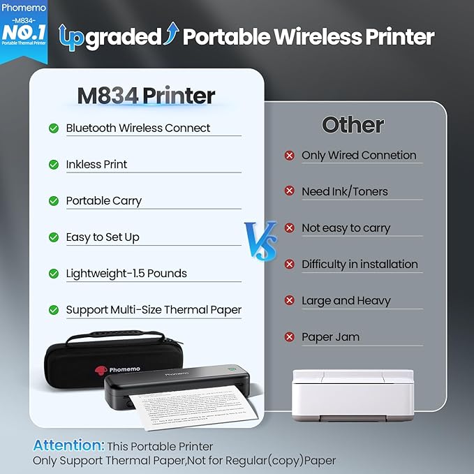 Phomemo Portable Printers Wireless for Travel Upgraded, M834 Bluetooth Thermal Printer 8.5" x 11"& A4 Size,Inkless Mobile Printer with Carry Case for Travel,Office,School,Car,Home,Black-DeskLoop Office