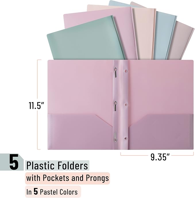 Mr. Pen- Plastic Folders with Pockets and Prong, 5 Pack | Muted Pastel Colors - Image 2
