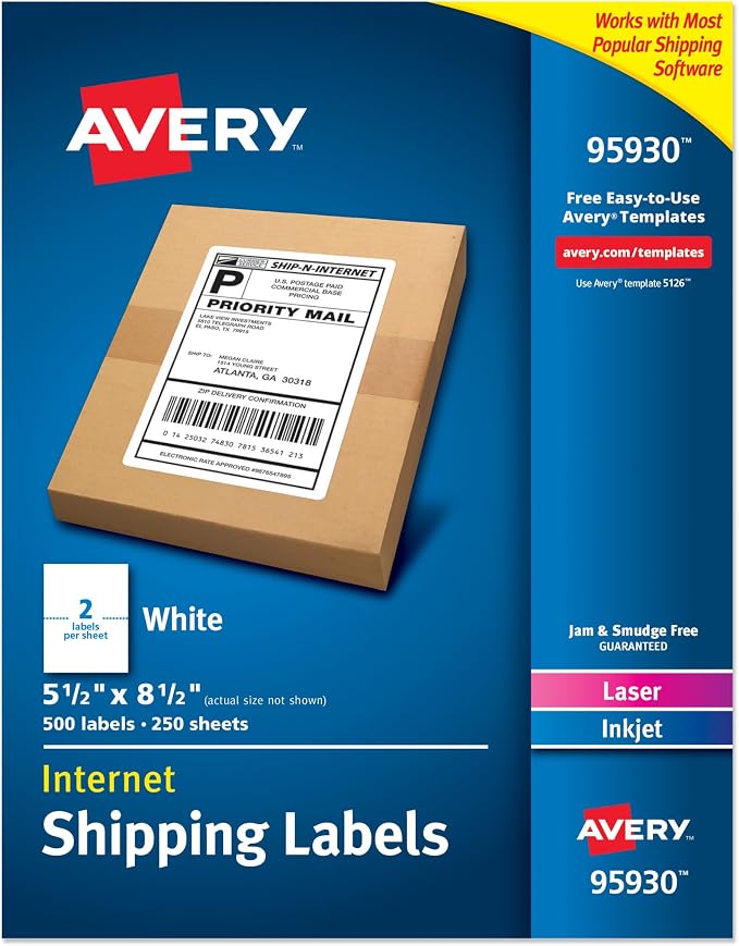 Avery Half Sheet Printable Shipping Labels, 5.5" x 8.5", 500 Blank Mailing by Avery