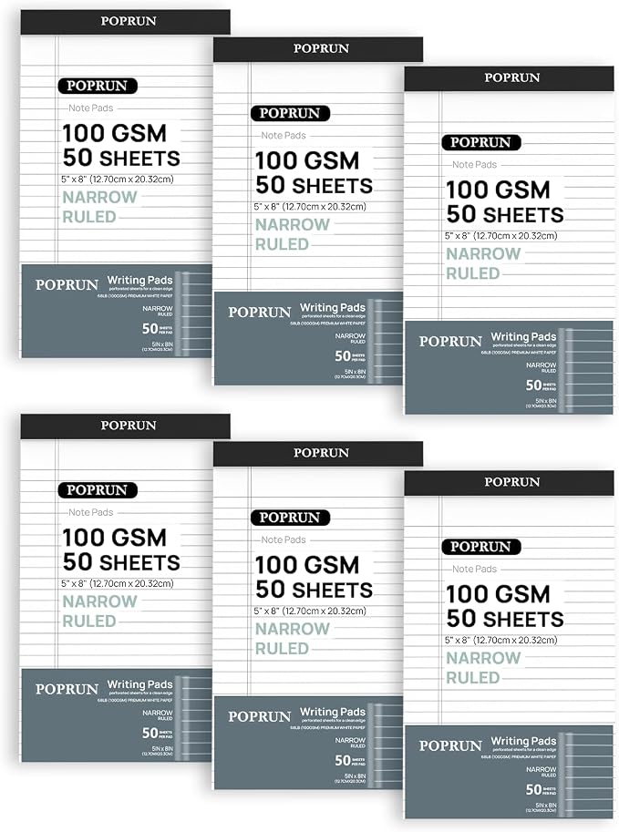 POPRUN Small White Legal Pads 5 x 8 Narrow Ruled, 100GSM Writing Paper Pad by POPRUN