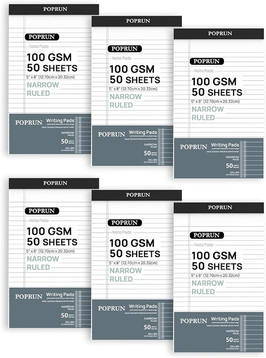 POPRUN Small White Legal Pads 5 x 8 Narrow Ruled, 100GSM Writing Paper Pad by POPRUN