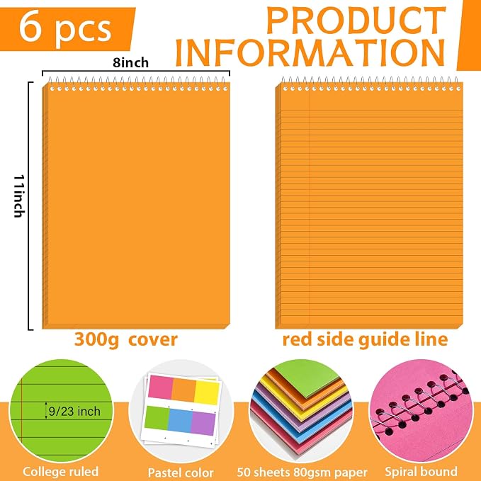 gisgfim 6 Pcs Colorful Top Bound Spiral Notebooks 8.5" x 11" College Ruled - Image 2