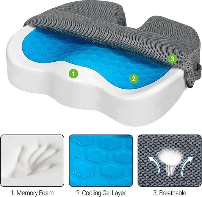 Gel Seat Cushion – Office Chair Cushion – Non-Slip Gel Memory Foam Coccyx Cushion for Tailbone Pain - Desk Chair Car Seat Cushion Driving - Sciatica Back Pain Relief, Mesh, Grey-DeskLoop Office